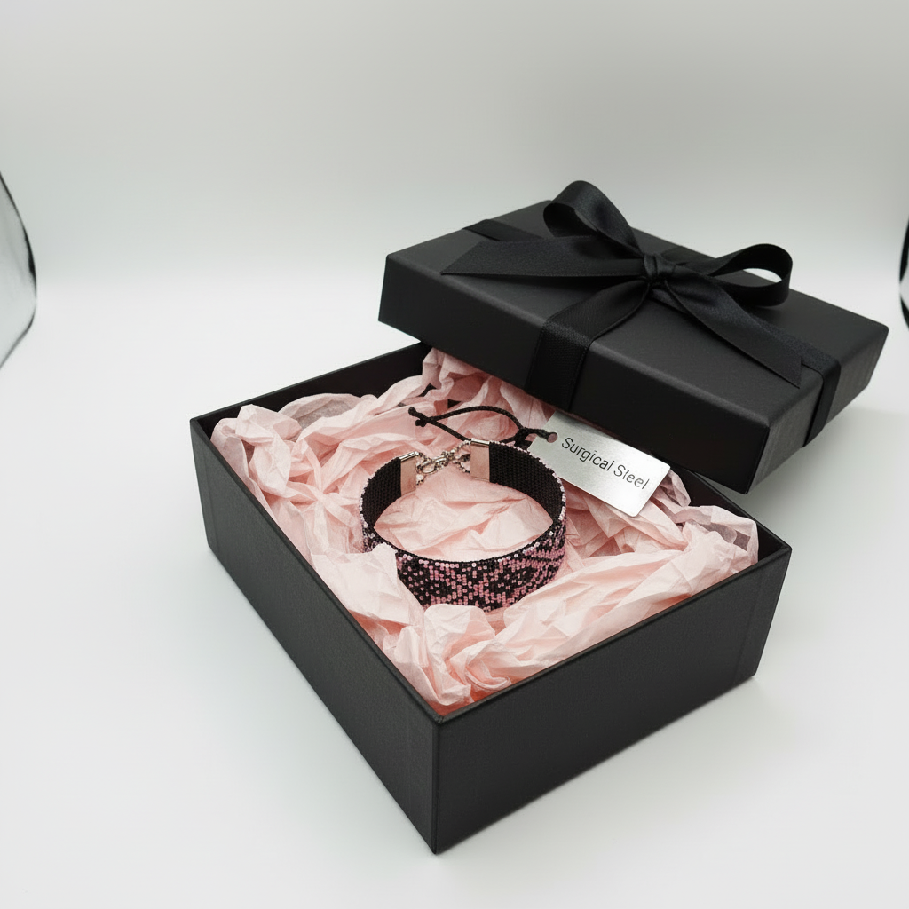 ručné šitý náramok ružovo čierny Harakka Jewls na ruke ženy elegantný šperk