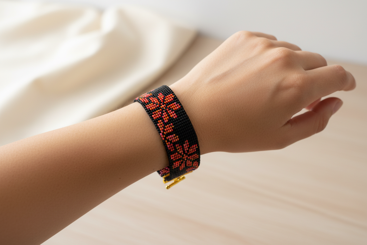 slovansky naramok cierny oranzovy rucne tkany ohnivy vzor harakka jewls