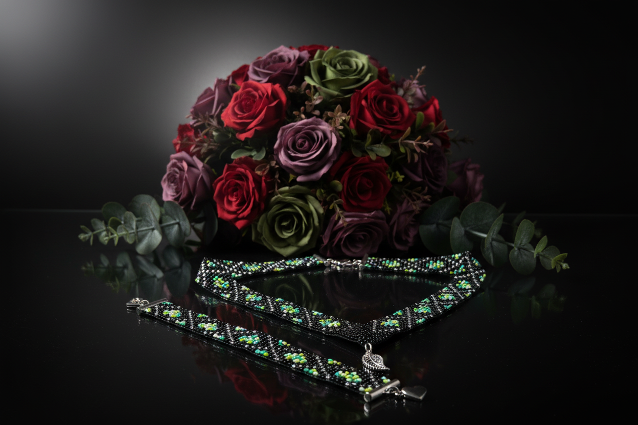 čierno zelený korálkový náhrdelník s lístočkom a náramok Harakka Jewls