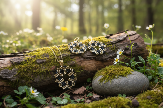 Ručne vyrobená čierno-zlatá súprava šperkov — náušnice a náhrdelník z chirurgickej ocele, Harakka"