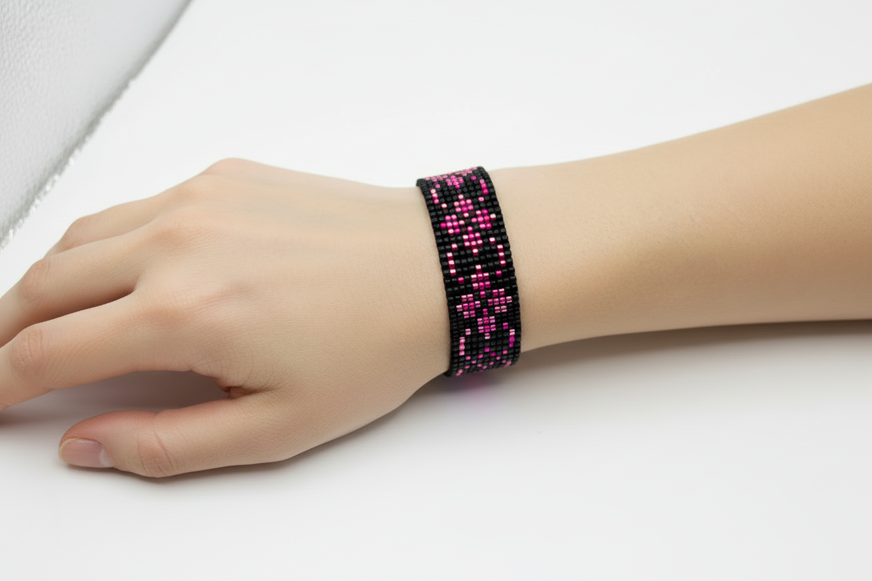 ručný šitý čierno ružový náramok z korálok Harakka Jewls