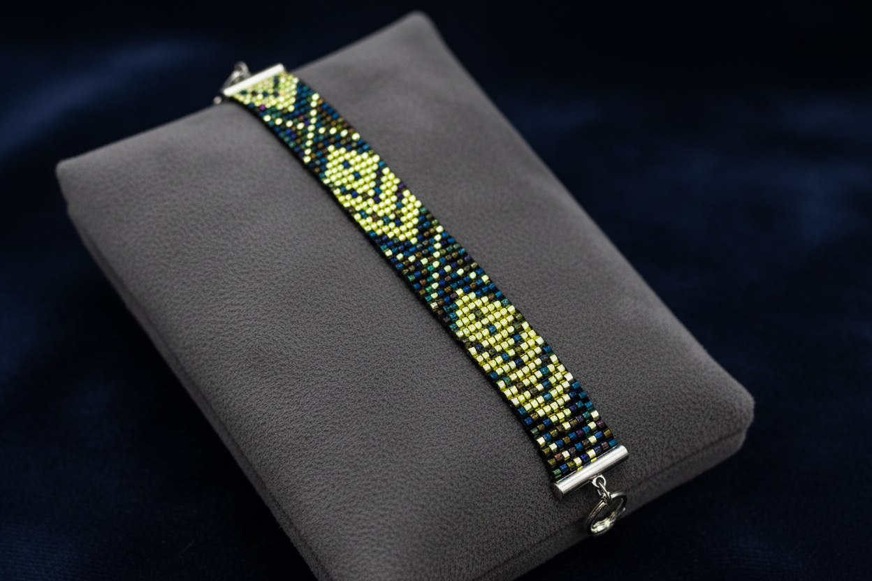 ručne šitý zeleno modrý korálkový náramok Harakka Jewls