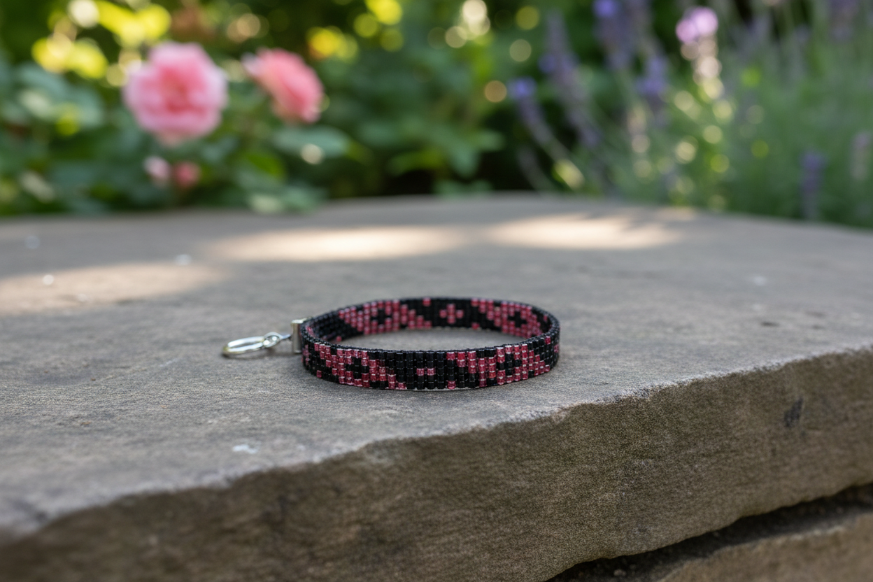 ručně tkaný ružovo čierny náramok Harakka Jewls