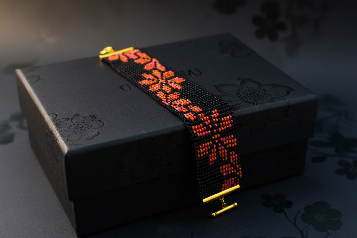 slovansky naramok cierny oranzovy rucne tkany ohnivy vzor harakka jewls