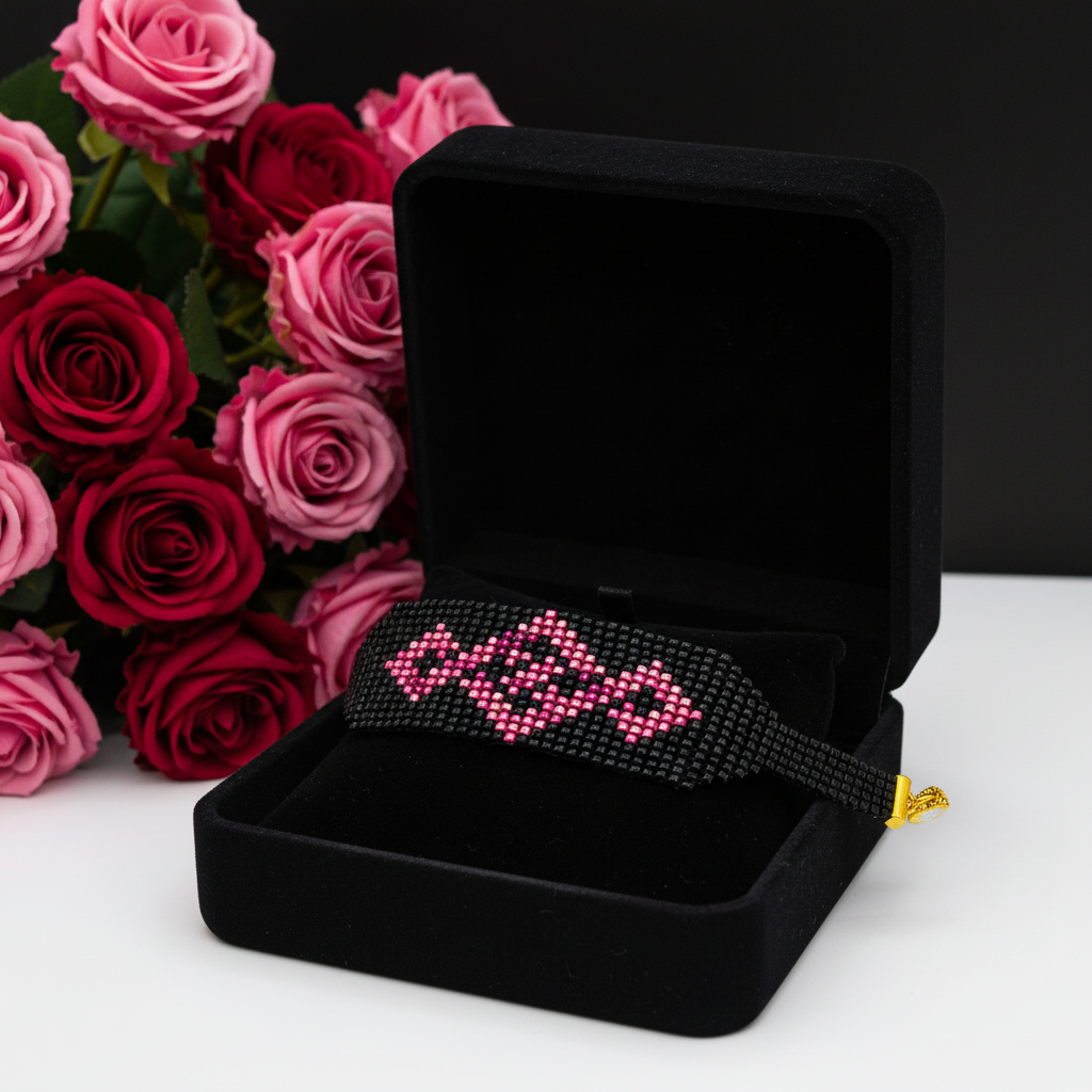 ručný korálkový náramok so srdcom ružový čierny Harakka Jewls