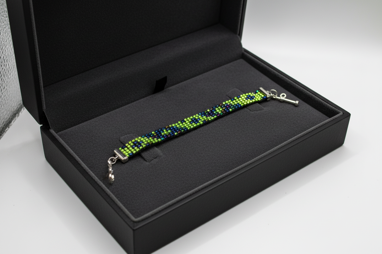 ručný šitý zelený náramok z korálok Harakka Jewls
jemný zeleno modrý náramok ručná práca Slovensko
elegantný minimalistický náramok zelené korálky Harakka
ručný náramok inšpirovaný prírodou Harakka Jewls