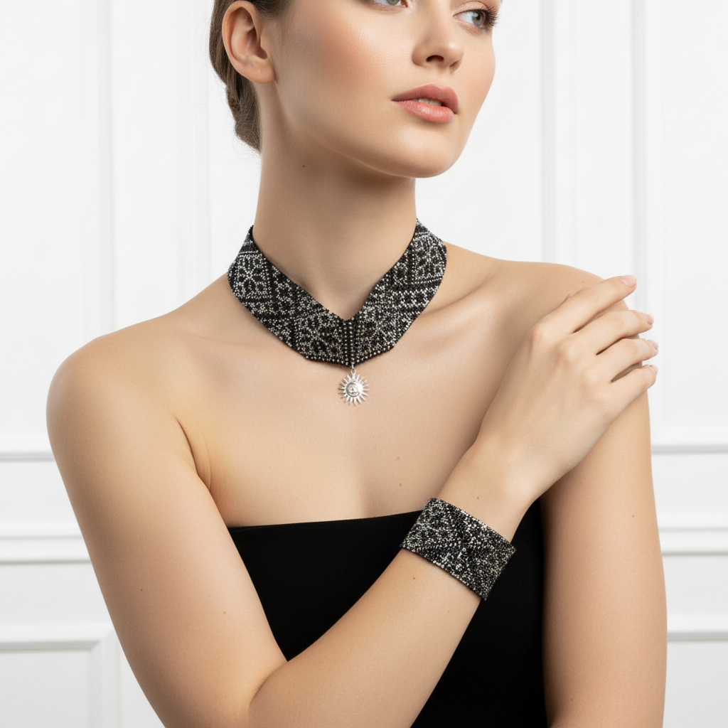 čierno strieborný set so symbolom slnka ručne šitý šperk Harakka Jewls