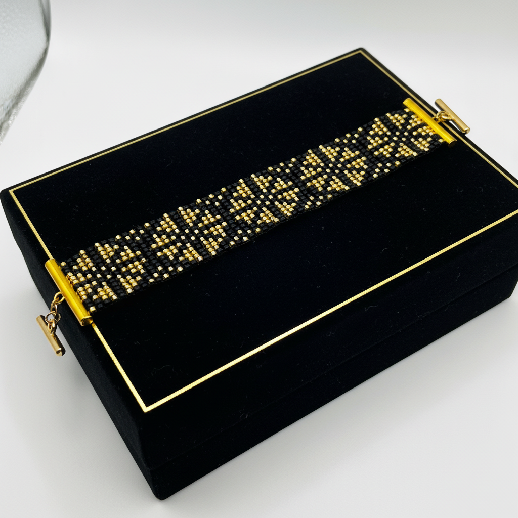 luxusný ručne šitý čierno zlatý náramok ochranný talizman Harakka Jewls