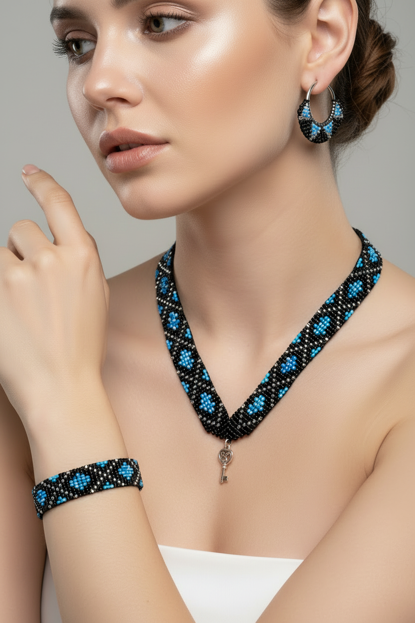 modro čierny korálkový set náhrdelník náramok náušnice ručná práca