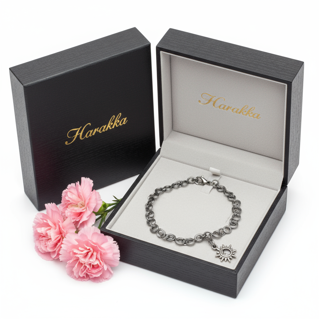 Ručne robený náramok Slnečný lúč z chirurgickej ocele v zlatom prevedení so slnečným príveskom – Harakka Jewls