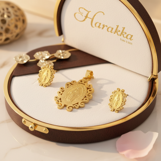 Set Virgin Mary - golden necklace with pendant and earrings made of surgical steel