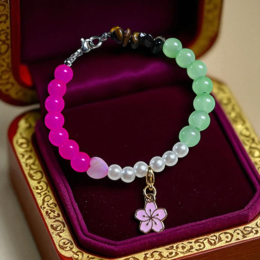 Bracelet Flowers of the Cycle – with tiger eye, pearls and sakura blossom
 NA78