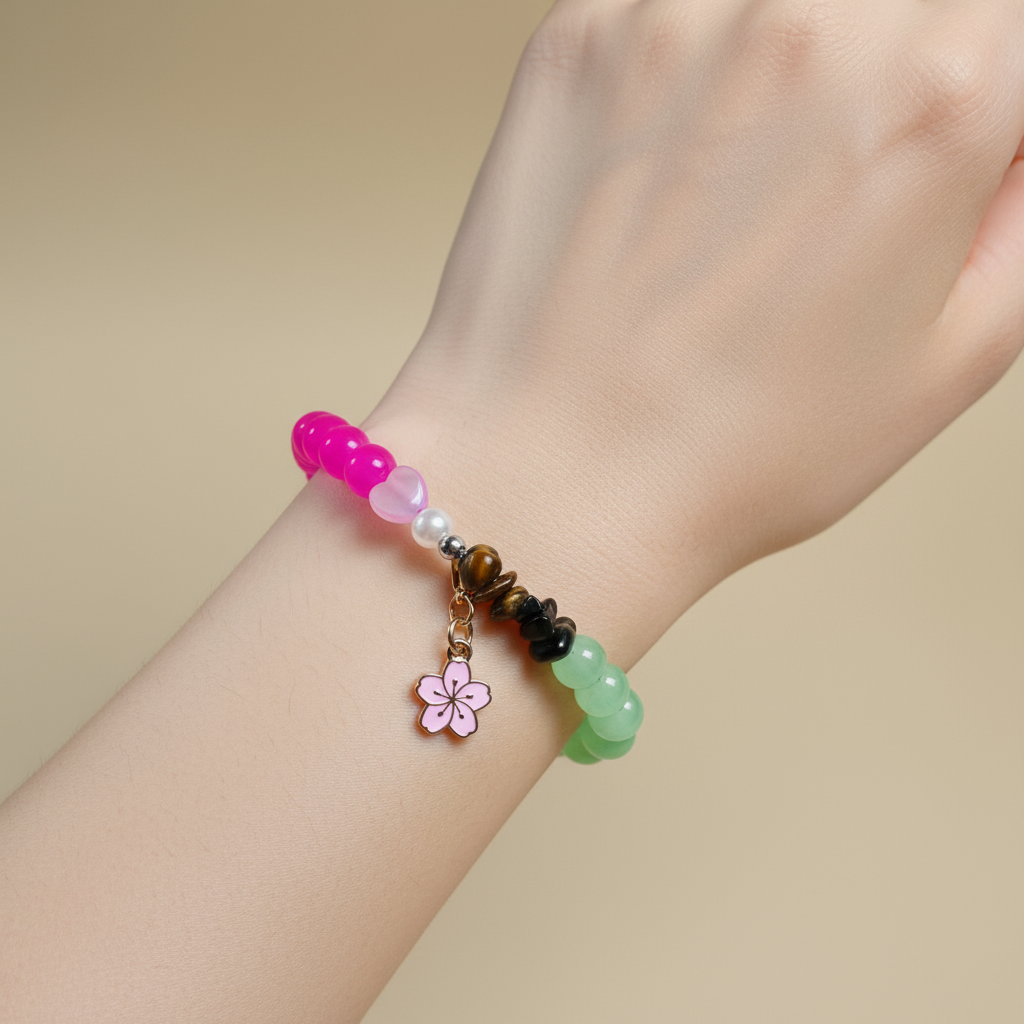 Bracelet Flowers of the Cycle – with tiger eye, pearls and sakura blossom
 NA78