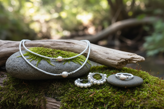 Lúčna perla – ručne robený set náhrdelníka, náramku, náušníc a prstena s riečnou perlou | Harakka Jewls