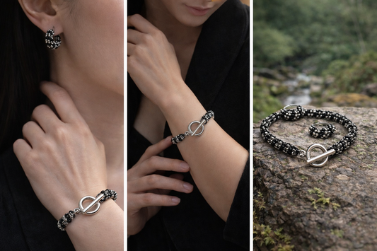 Tieňová sila – čierno-strieborný set náramok a náušnice