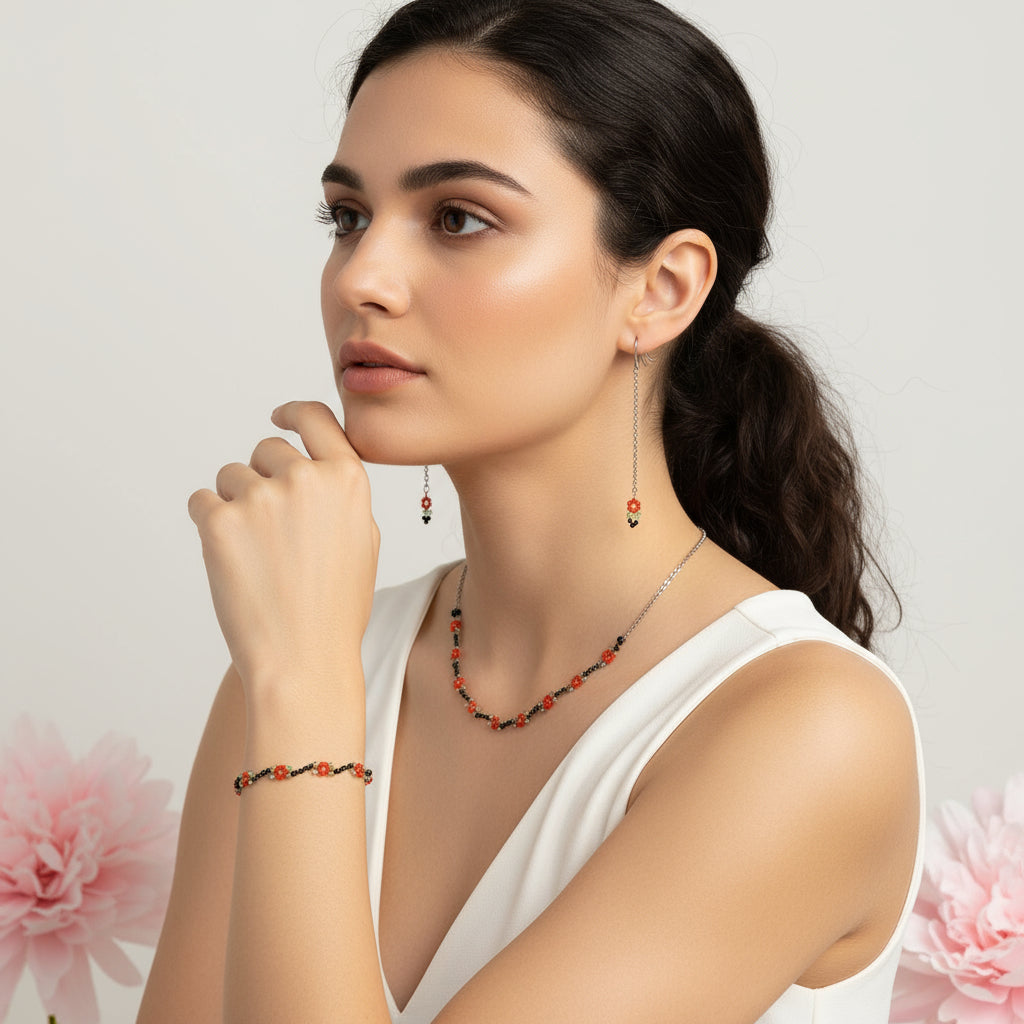 Set Červený kvet – náušnice, náramok a náhrdelník HA77