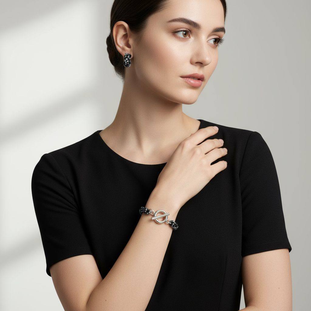 Set Tmavý plameň S420 – čierno-strieborný ručne šitý náramok a náušnice