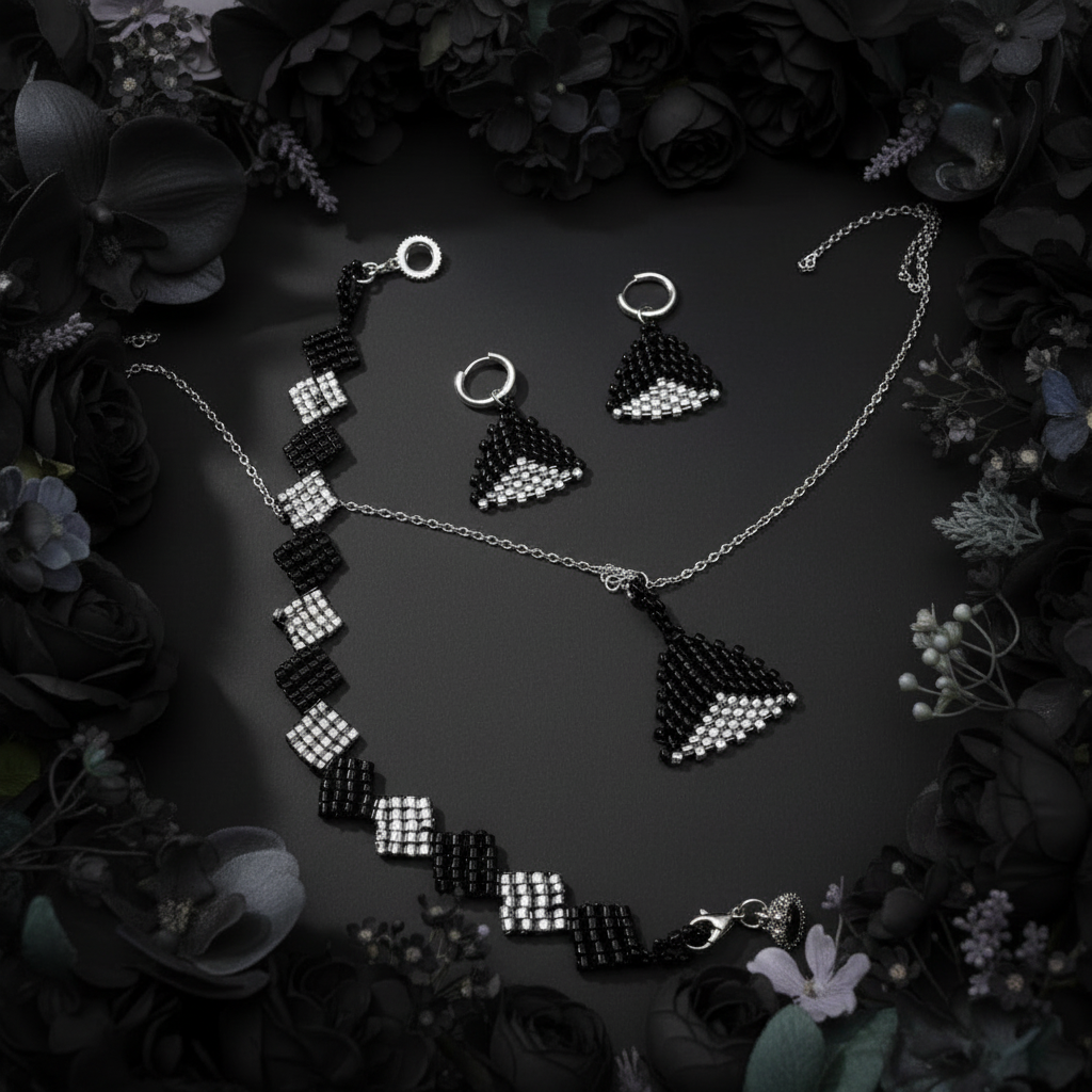 Ručne robený čierno strieborný set šperkov s geometrickým vzorom Harakka