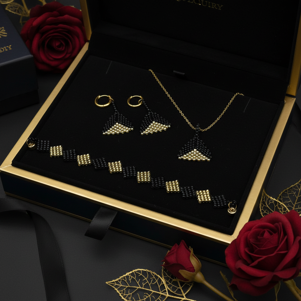 Čierno-zlatý set šperkov z chirurgickej ocele ručne robený elegantný darček pre ženu Harakka Jewls