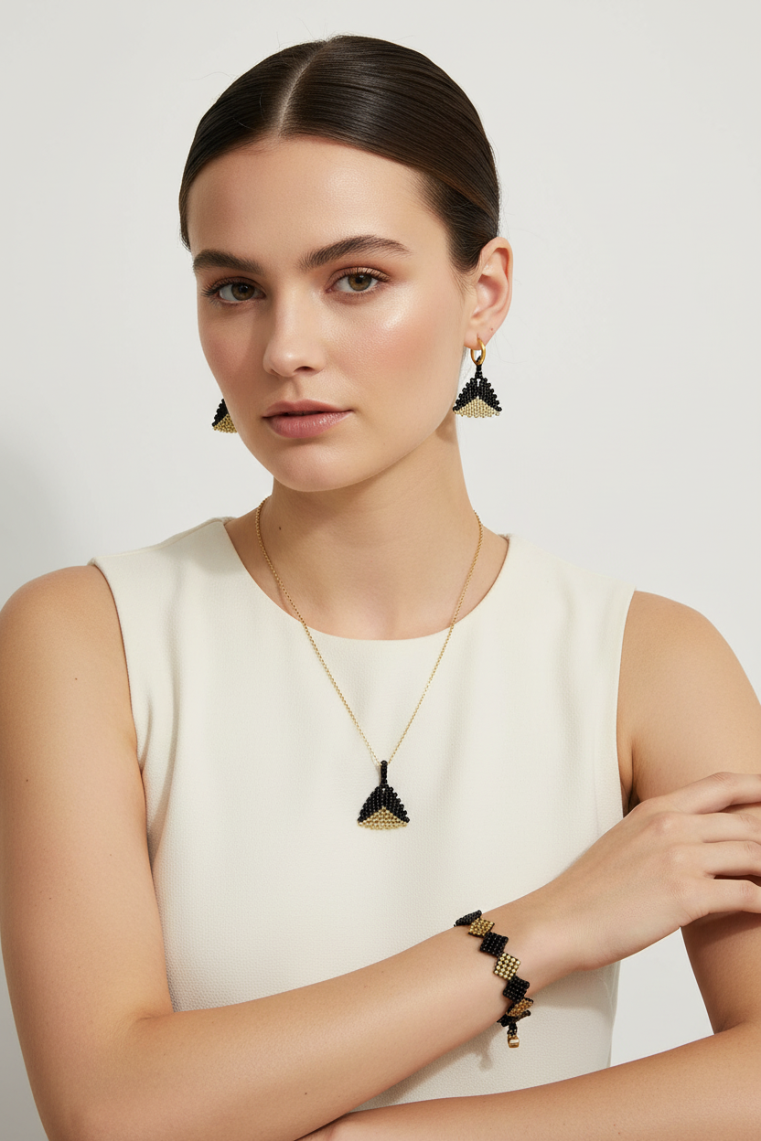 Čierno-zlatý set šperkov z chirurgickej ocele ručne robený elegantný darček pre ženu Harakka Jewls