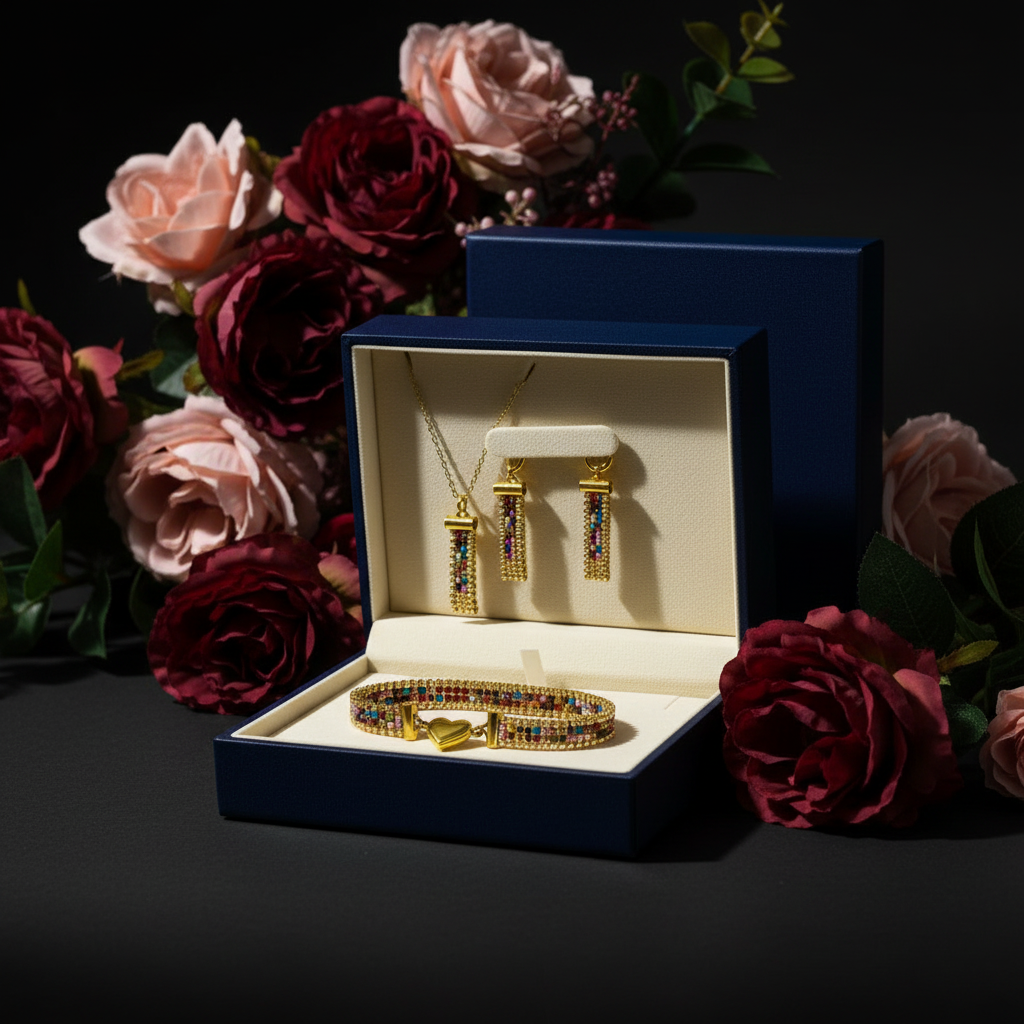 Ručne robený zlatý set šperkov s farebnými korálkami a magnetickým srdiečkovým zapínaním Harakka