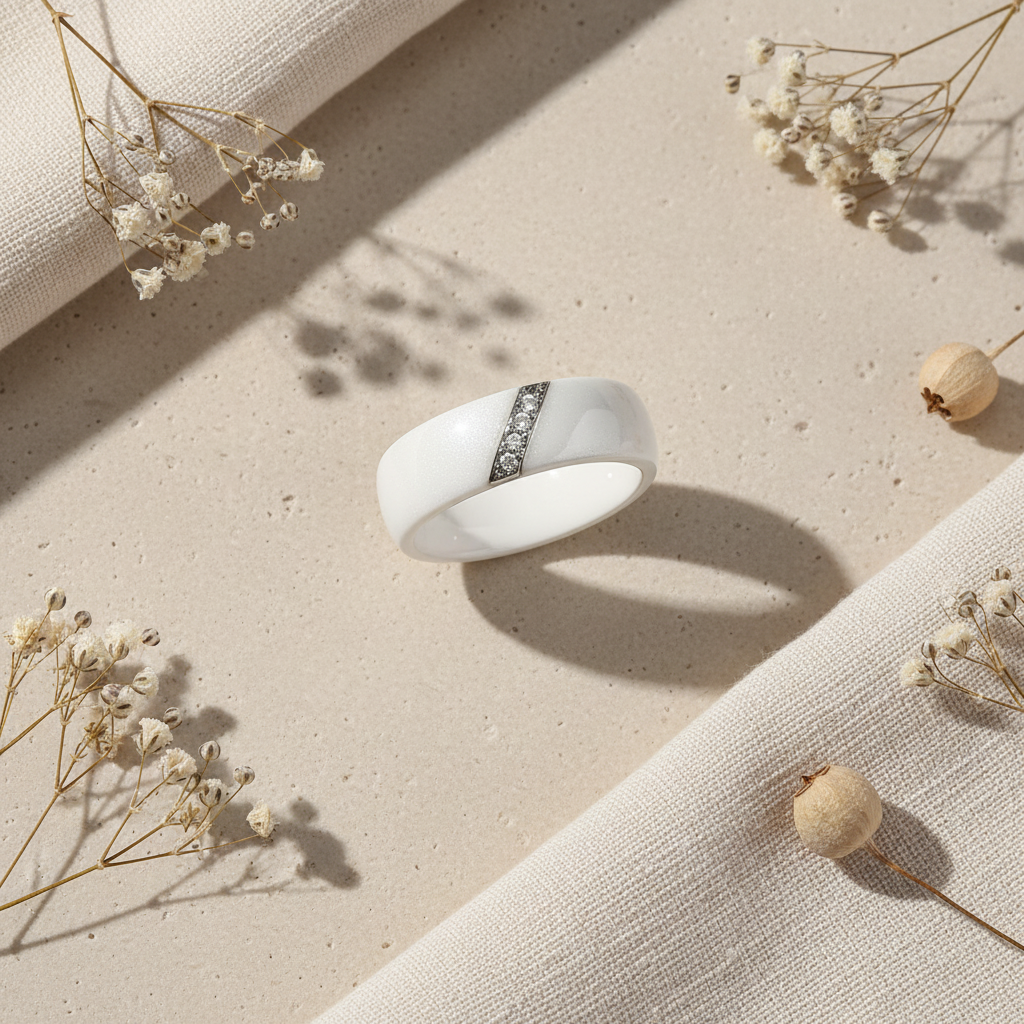 Biely keramický prsteň s kryštálmi – Harakka flat lay