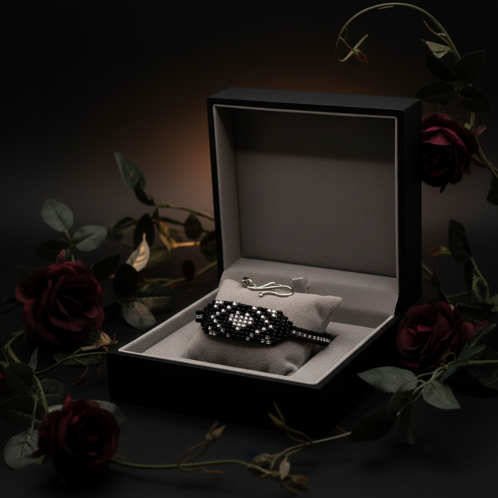 čierno strieborný ručne tkaný náramok so srdcom Harakka Jewls