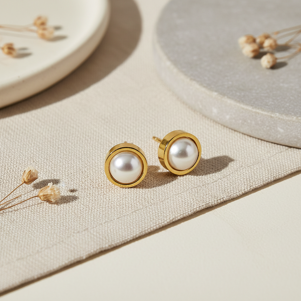 Harakka gold pearl stud earrings flat lay