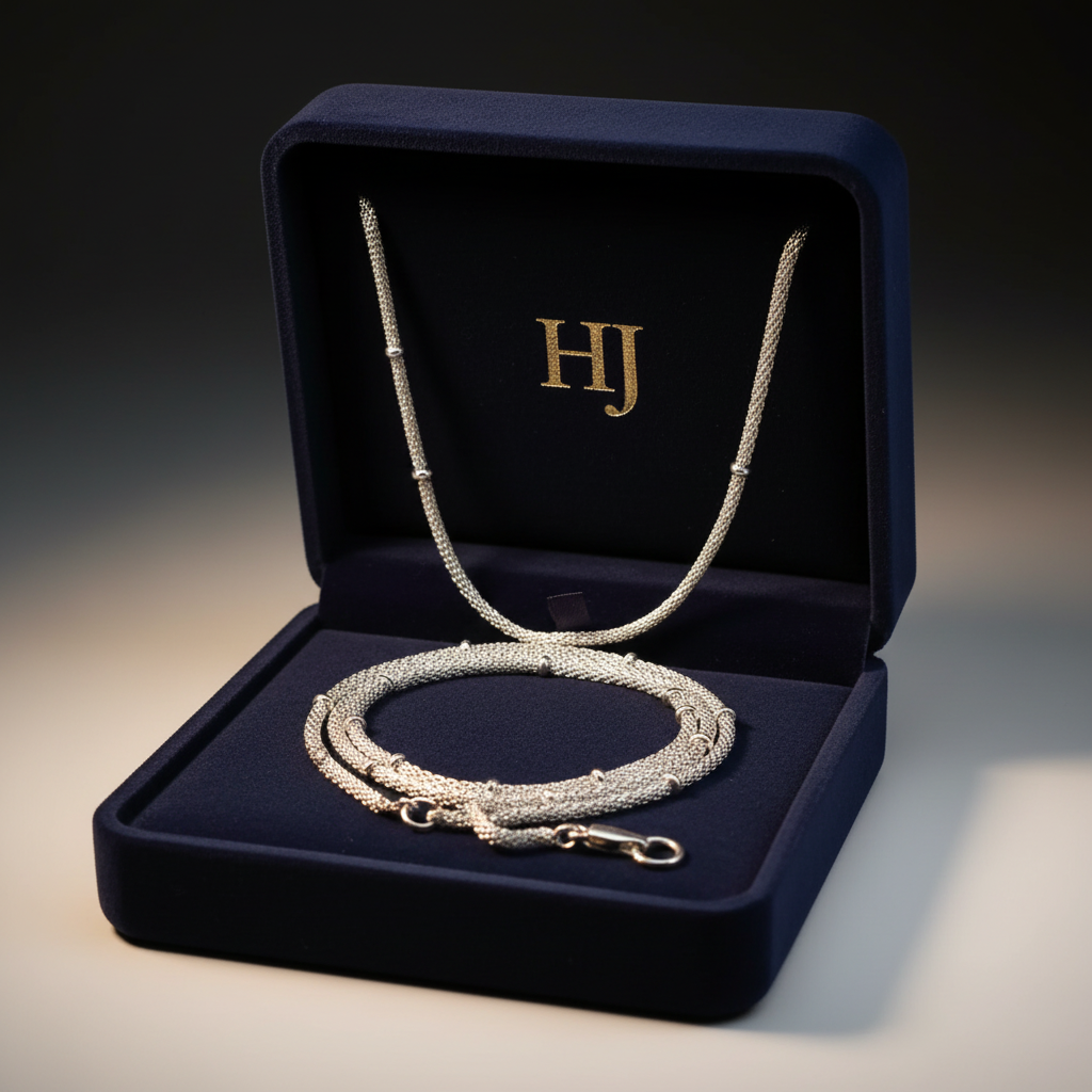 Harakka HJ box silver mesh ball lariat necklace