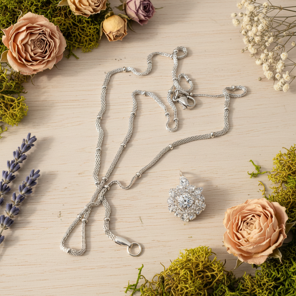 Harakka nature flat lay silver mesh ball lariat necklace