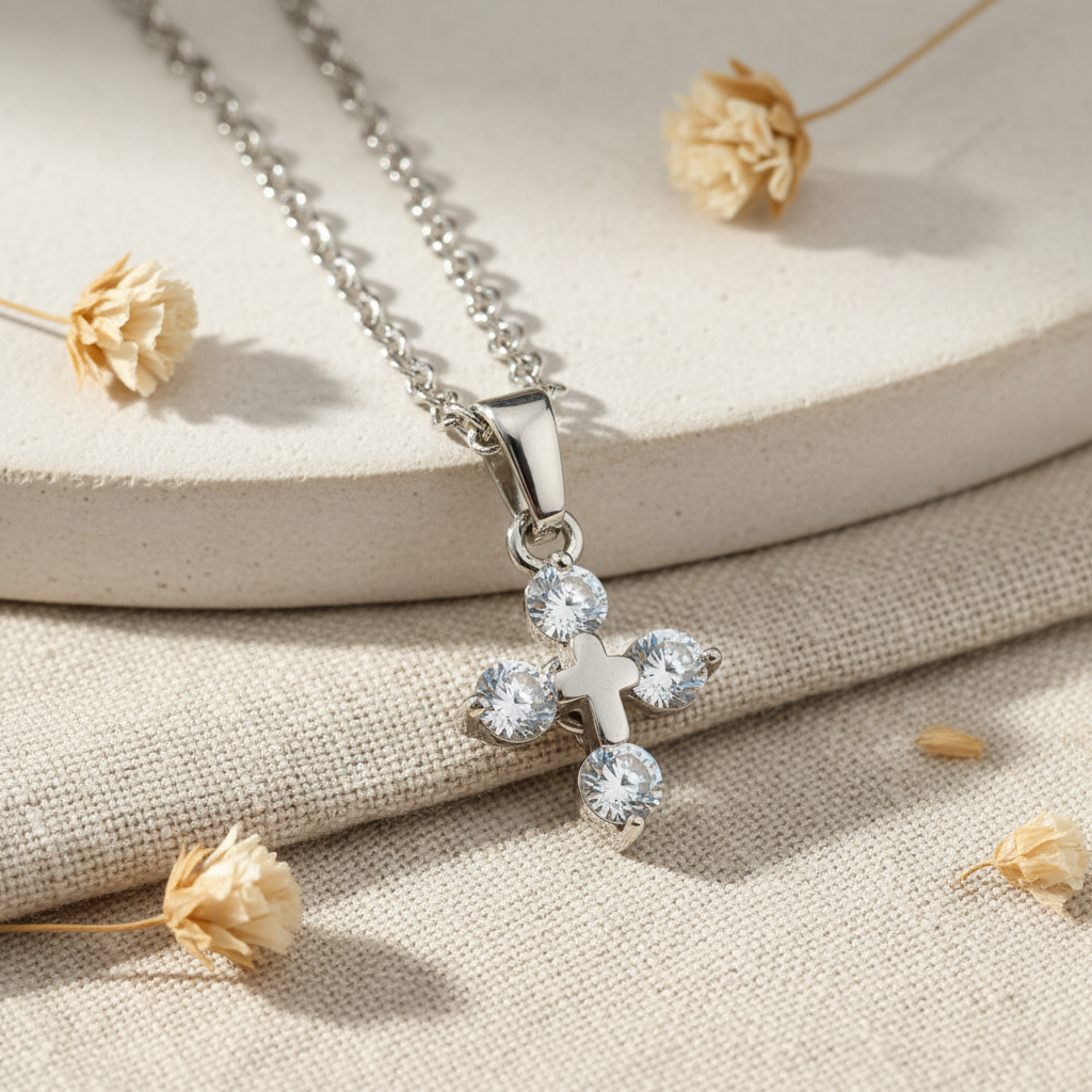 Harakka silver cross zirconia pendant necklace flat lay