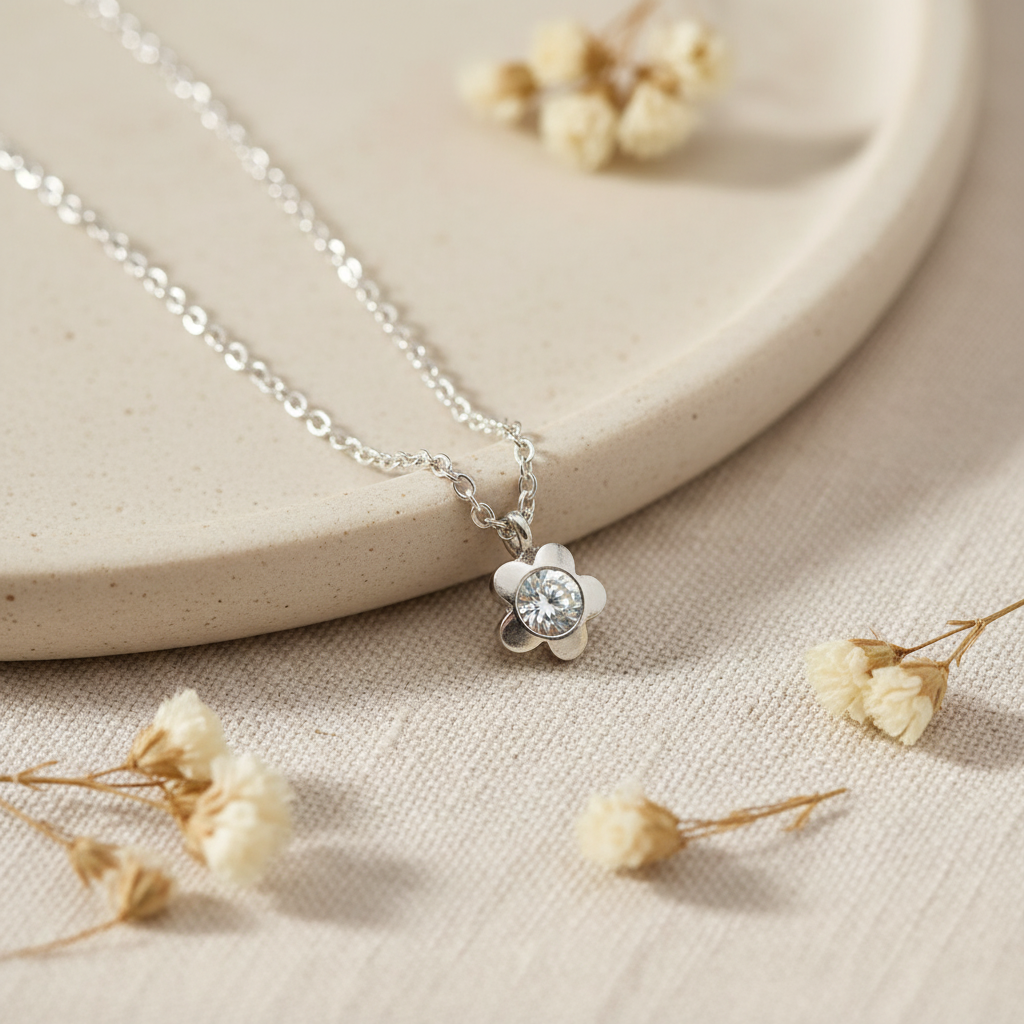 Harakka silver flower necklace flat lay
