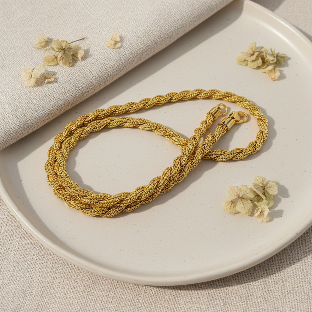 Harakka – zlatá splietaná retiazka flat lay