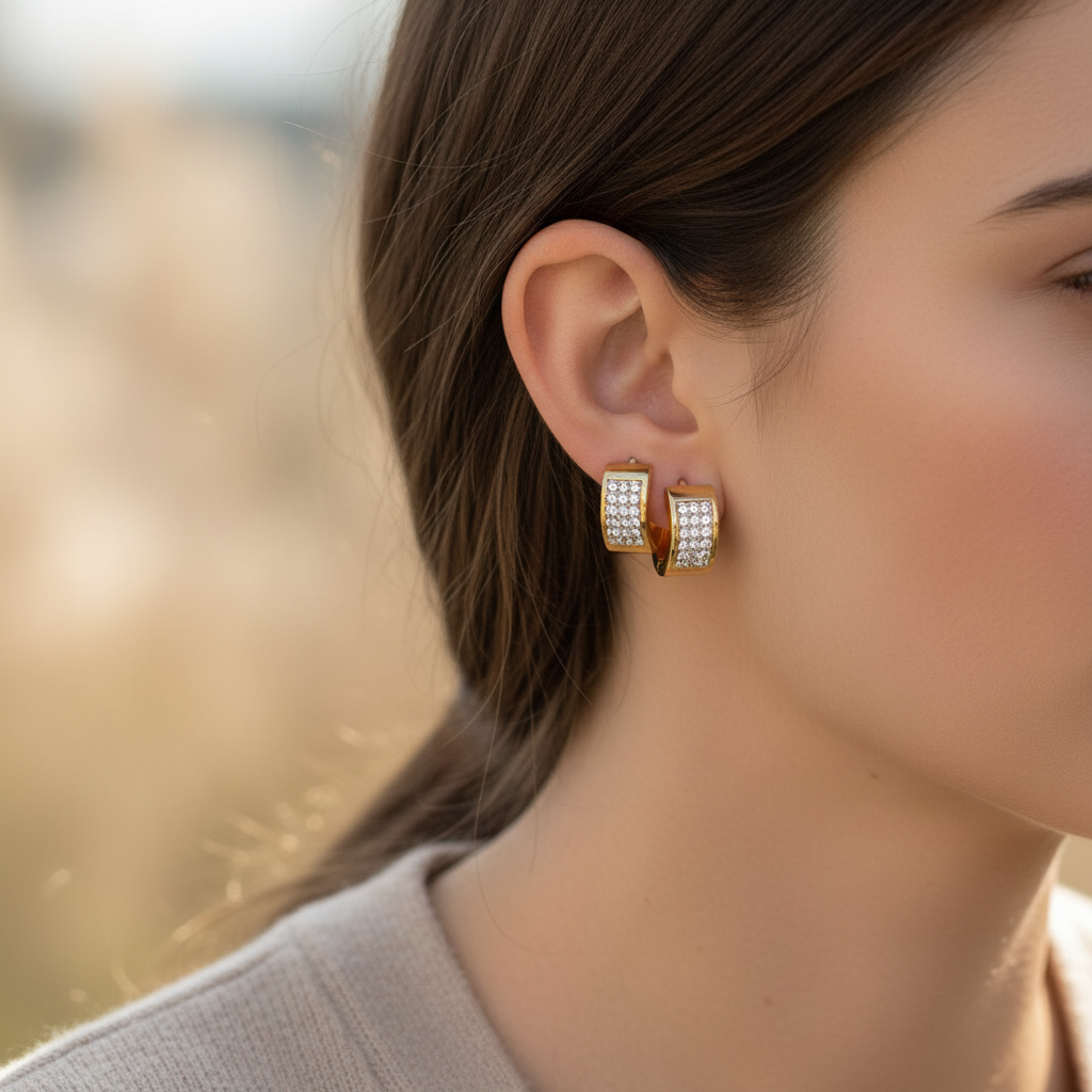 Zlaté kruhy náušnice Zircon XL na modelke – Harakka Jewls