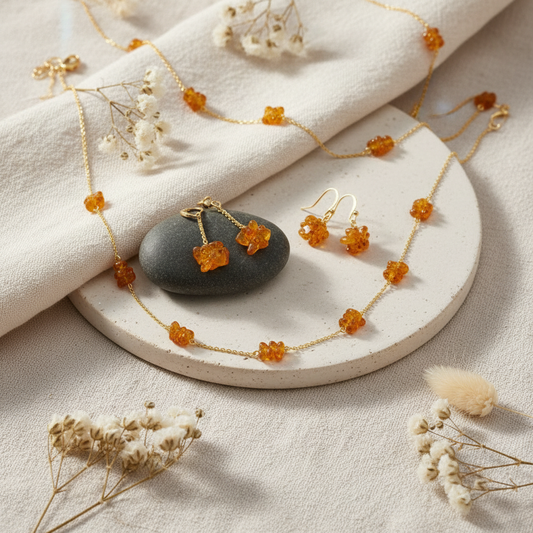 Set z prírodného jantáru v zlatej chirurgickej oceli – Slnečný dotyk elegancie S37