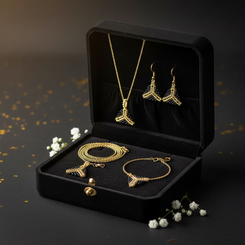 Čierno-zlatý set šperkov z chirurgickej ocele v elegantnej zamatovej šperkovnici – luxusný darček pre ženu Harakka Jewls
