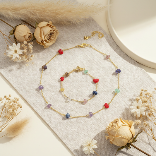 Flat lay – čakrový set na krémovom pozadí s ľanom a sušenými kvetmi