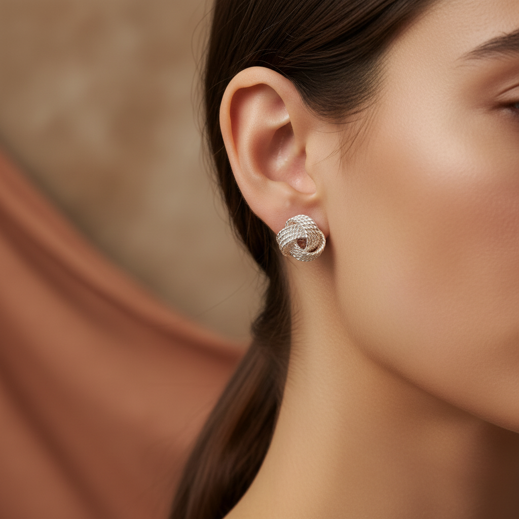 Pletené strieborné náušnice NA28 na modelke, detail ucha | HARAKKA