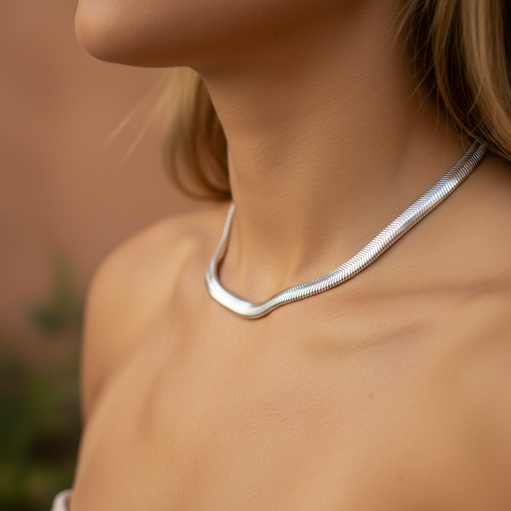 Set Premena – strieborný hadí náhrdelník na modelke, detail krku | HARAKKA Jewls