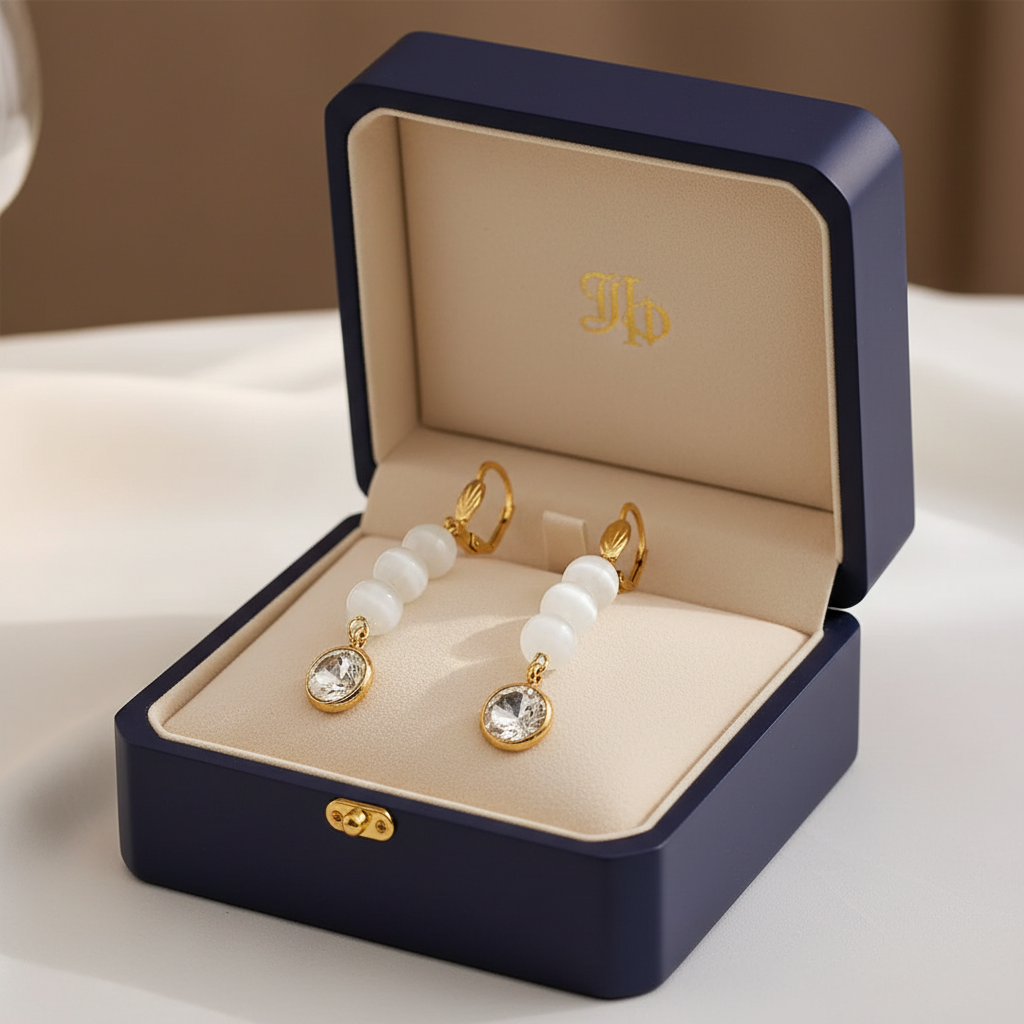Set Mačacie oko biele v elegantnéj tmavej šperkovnici | HARAKKA