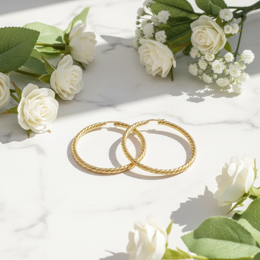 Zlaté náušnice Bridal 5 cm s bielymi zirkónmi na bielom mramore s kvetmi | HARAKKA