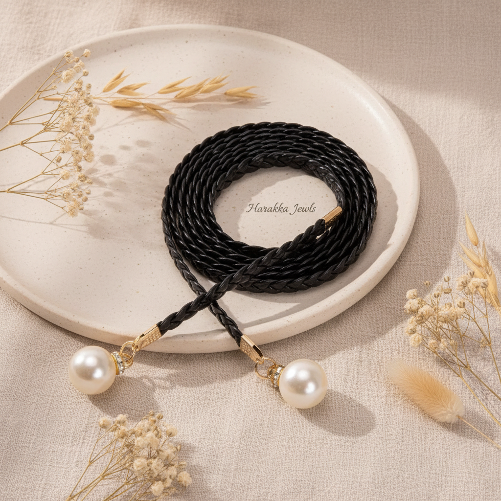 QUEEN čierny pletený opasok s perličkou – luxusný flat lay Harakka Jewls