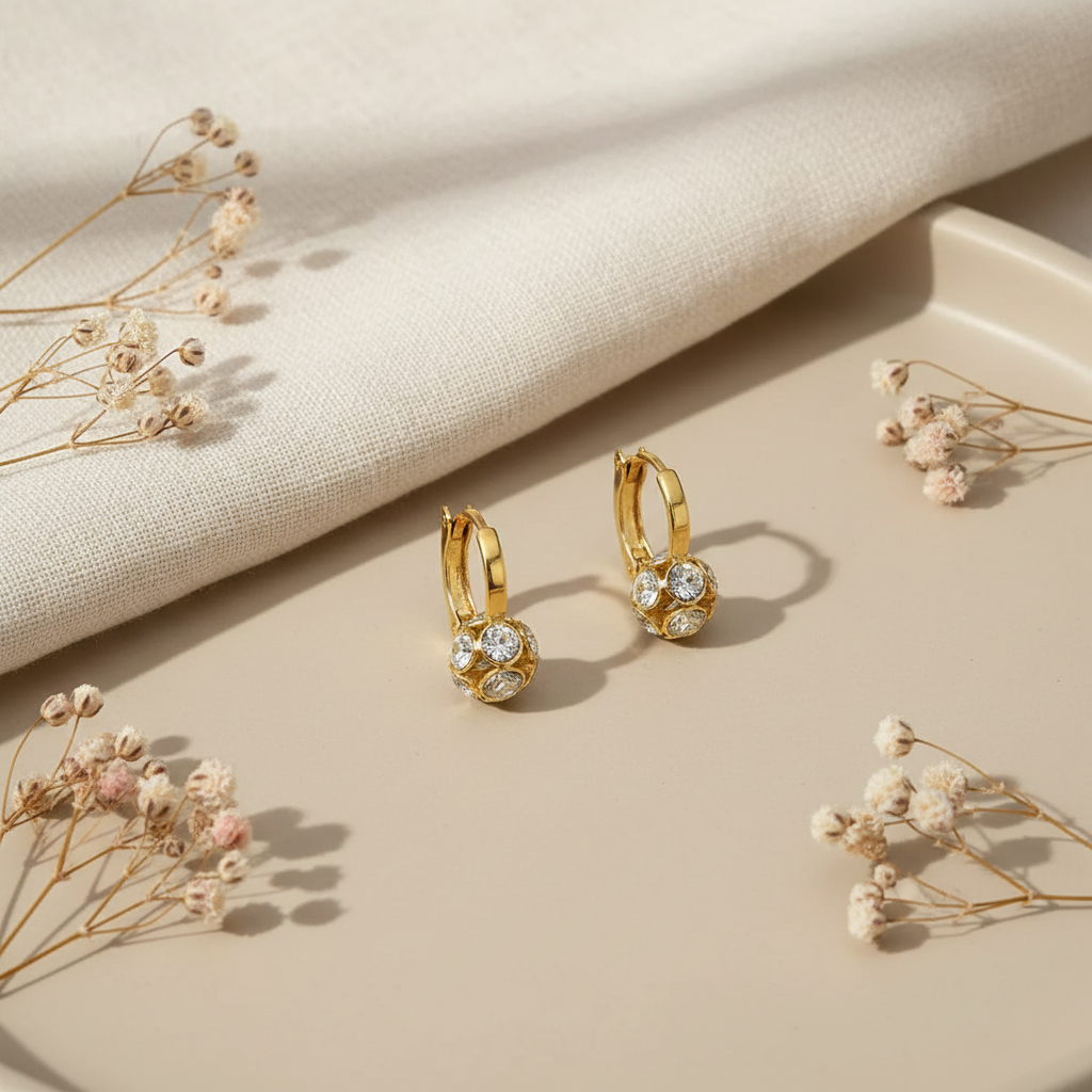 Zlaté náušnice Evita so zirkónovou guličkou na krémovom flat lay pozadí | HARAKKA
