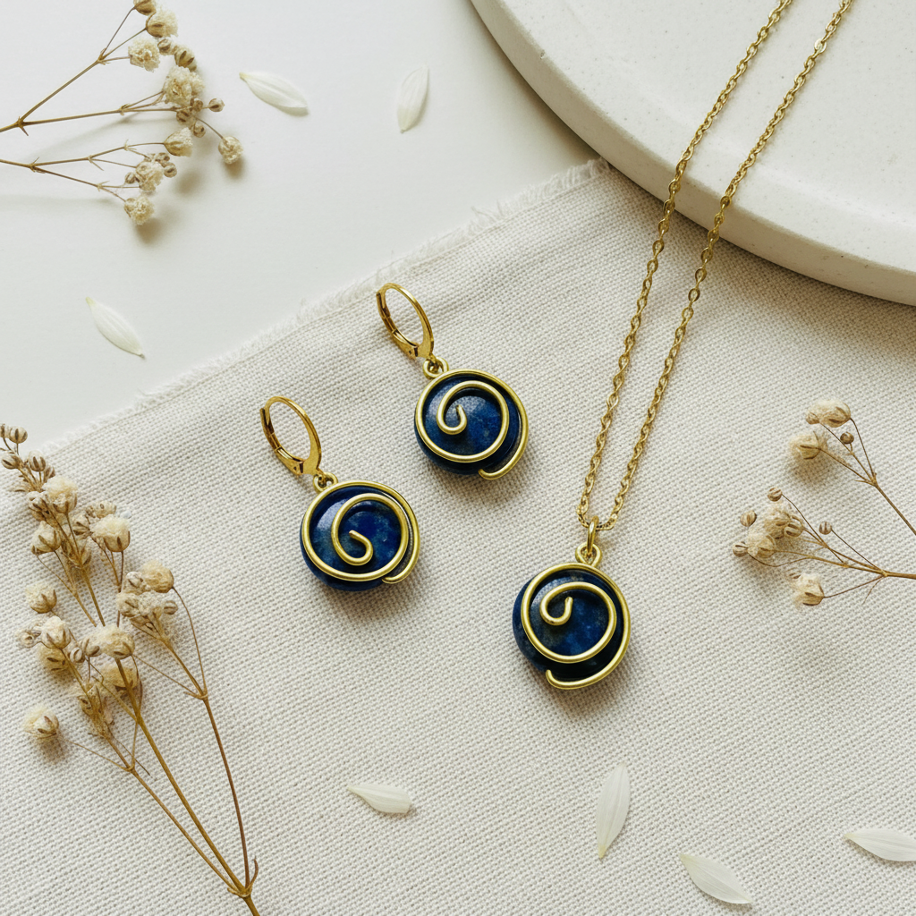 Set Lapis Lazuli flat lay – náhrdelník a náušnice | Harakka Jewls