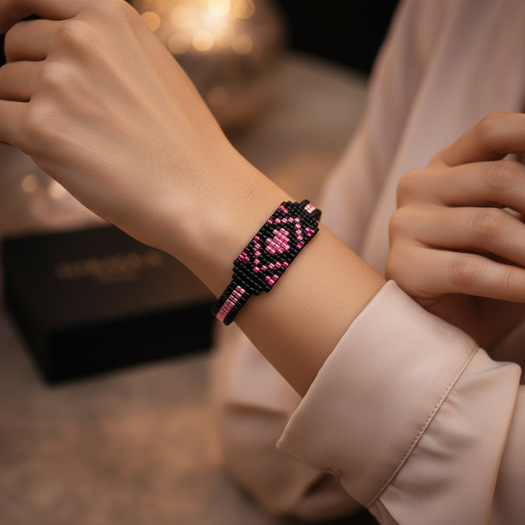 Ručne tkaný náramok Srdce Harmónie z korálok na zápästí modelky | HARAKKA