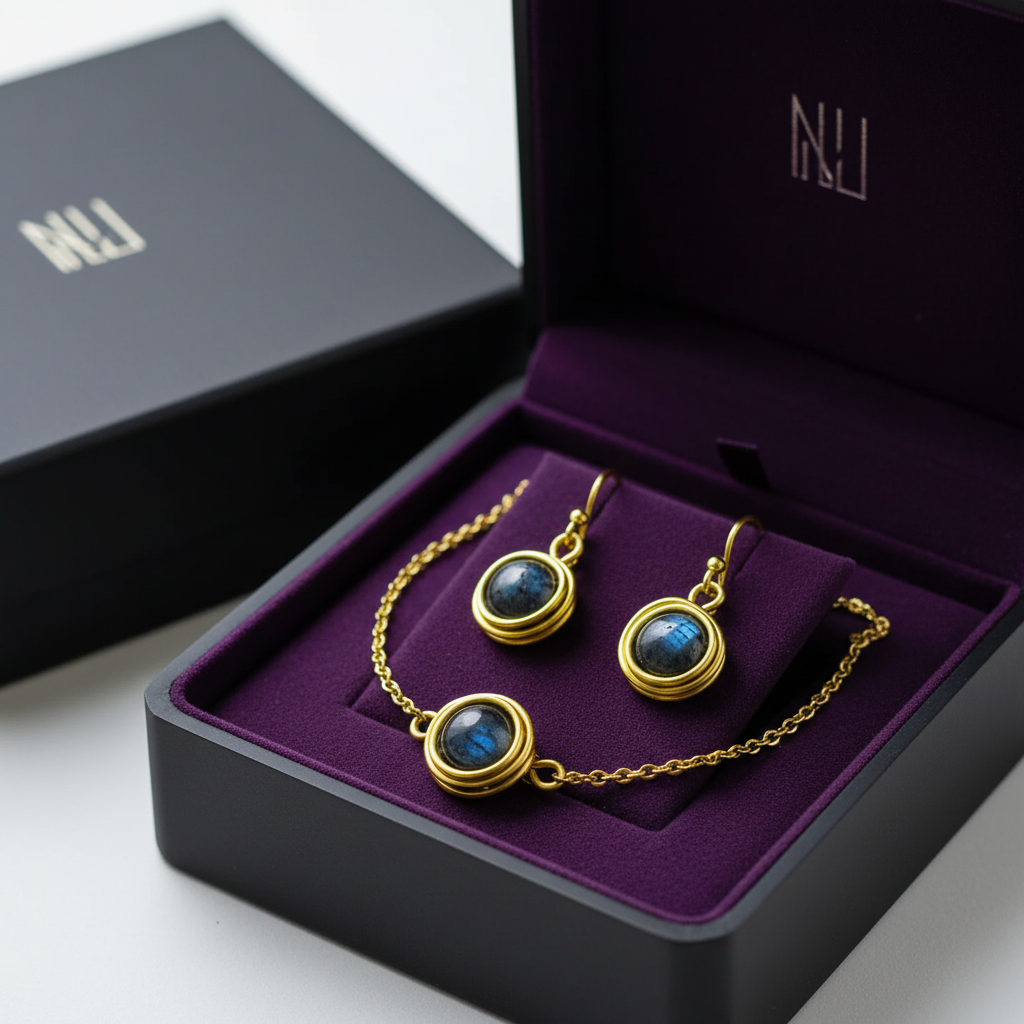 Set larvikit náušnice a náramok v šperkovnici – luxusné balenie | Harakka Jewls