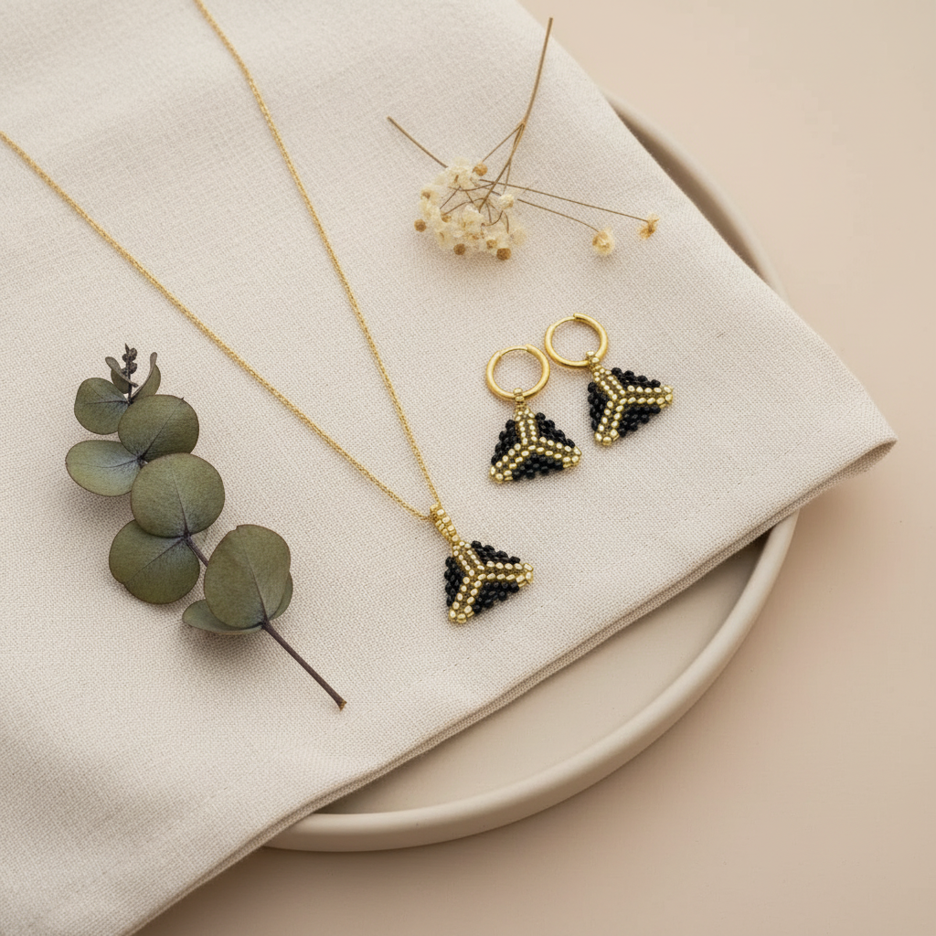 Čierno-zlatý set šperkov na krémovom ľane so sušenými kvetmi – minimalistický luxusný flat lay Harakka Jewls
