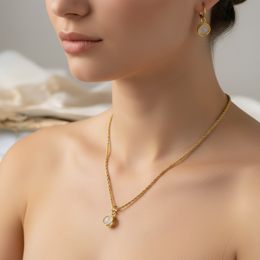 Detail krku, prirodzené svetlo, jemný ženský look, šperk nasadený