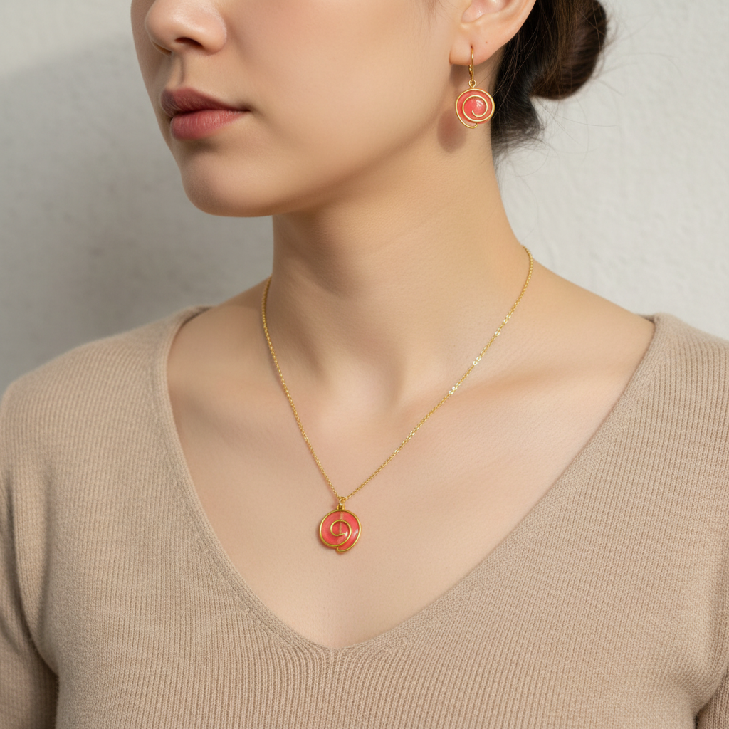 Set náhrdelník a náušnice so špirálou na modelke | Harakka Jewls