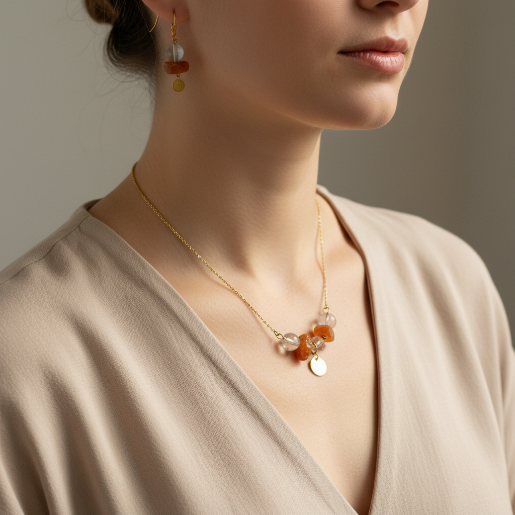 Set karneol a krišťáľ na modelke – zlatý náhrdelník a náušnice Harakka Jewls S363